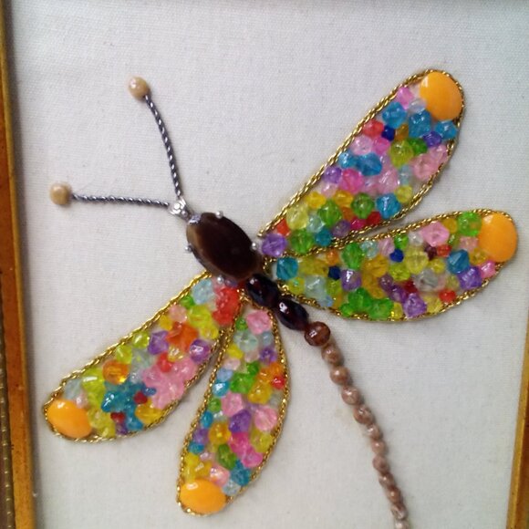Handmade Dragonfly Beaded Artwork Stones Mixed Media Canvas Framed Decor 12 x 10 - Picture 5 of 15